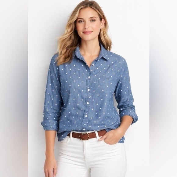 J.Crew Tops - J.Crew Chambray Polka Dot Button Down Shirt Large Blue Denim Casual Preppy